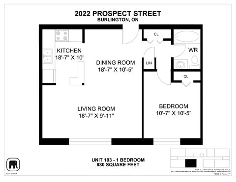 Floor plan for 1 bed, 1 bath